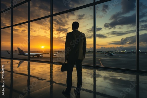 Rear view of an unrecognizable man in a suit businessman with a suitcase at the airport, close-up . Travel, business trip concept with copy space