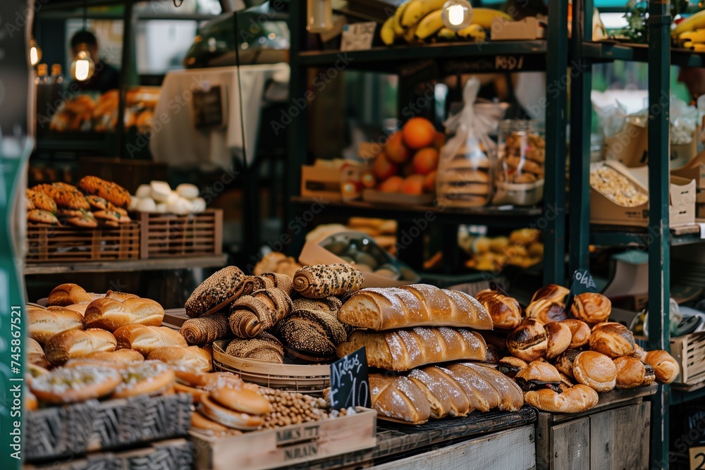 Artisanal Bakery Delights: A Rustic Market Spread of Fresh Bread and Pastries