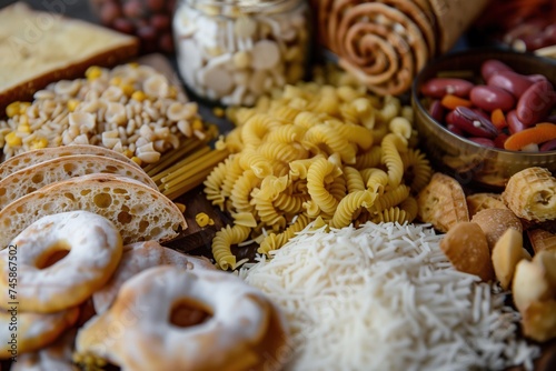 close-up of various fast carbohydrates foods, including white bread, pasta, rice, and sugary snacks, with a focus on texture and detail