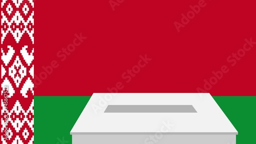 Man putting ballot in a box during elections in Belarus in front of flag. photo