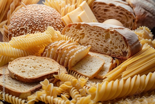 close-up of various fast carbohydrates foods, including white bread, pasta, rice, and sugary snacks, with a focus on texture and detail photo