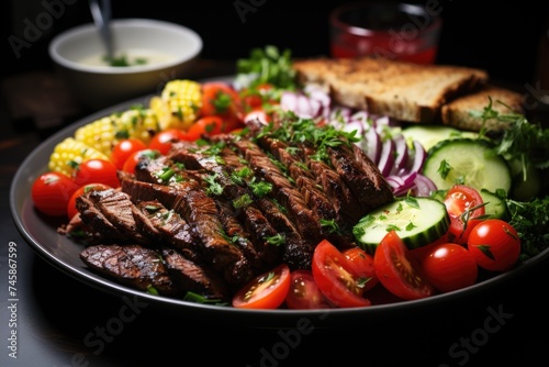 Superior view grilled meat salad with cucumber tomato corn lettuce and bread drill, generative IA
