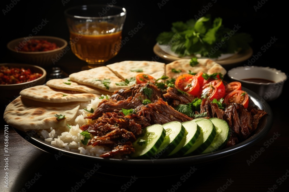Superior view of Iskender Doner Kebab with rice chips, tomatoes and pickled cucumb, generative IA