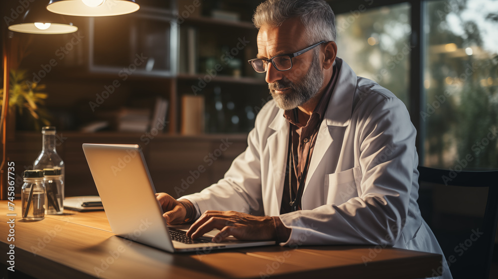 Mature doctor working late on laptop in office