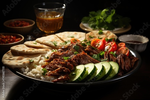 Superior view of Iskender Doner Kebab with rice chips, tomatoes and pickled cucumb, generative IA
