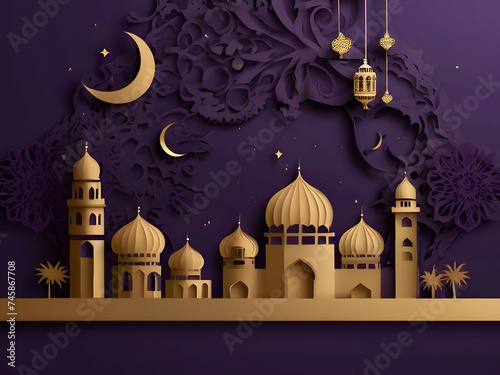 Mosque in papercut style on purple background