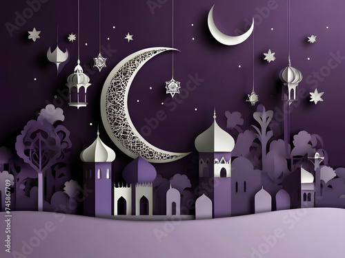 Mosque in papercut style on purple background