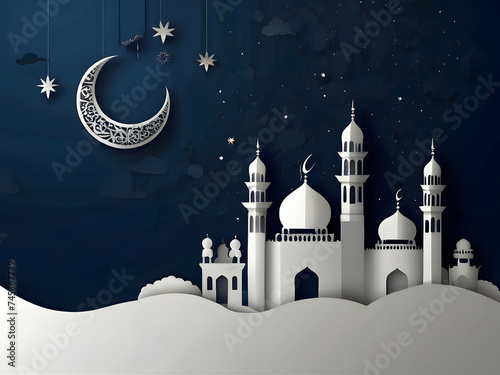 Mosque and minaret in papercut style on dark background