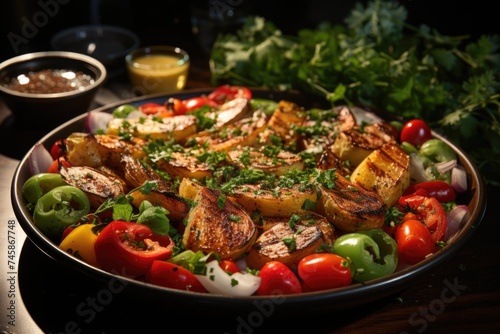 Upper view of close meal of cooked vegetables with sliced ??salad of pepper on the, generative IA