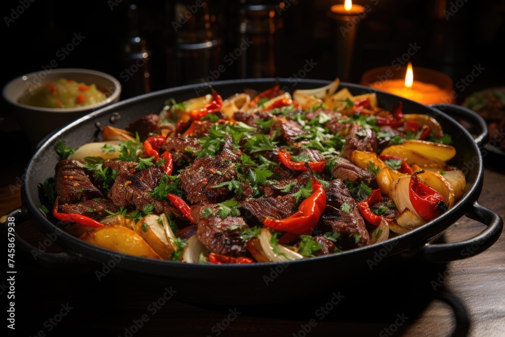 Superior view meal of cooked vegetables with meat and sliced ??peppers inside a pa, generative IA