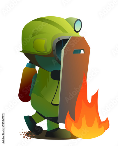 fireman hid from fire. Extreme dangerous situation. Lifeguard service. Object isolated on white background. Cartoon fun style Illustration vector