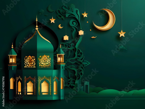 Mosque in papercut style on green background