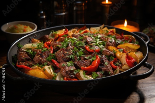 Superior view meal of cooked vegetables with meat and sliced ??peppers inside a pa, generative IA