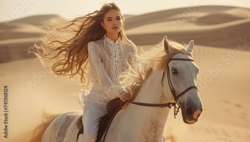 Dynamic image of a woman in white riding a horse at speed through desert dunes