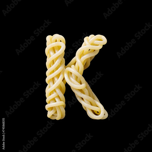 Alphabet K made from spaghetti on black background, Generative AI