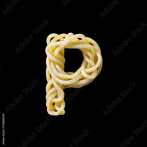 Alphabet P made from spaghetti on black background, Generative AI