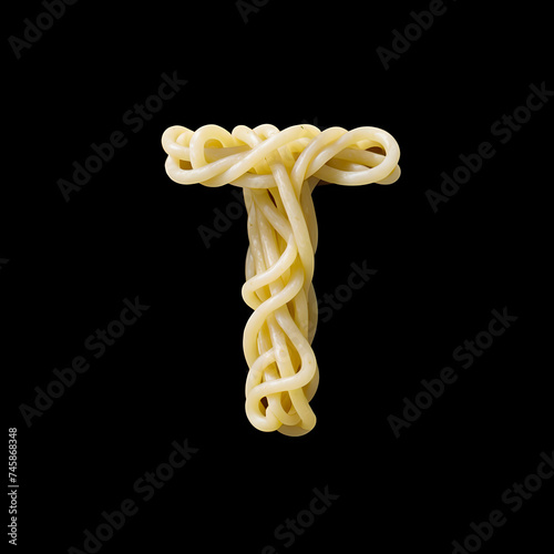 Alphabet T made from spaghetti on black background, Generative AI