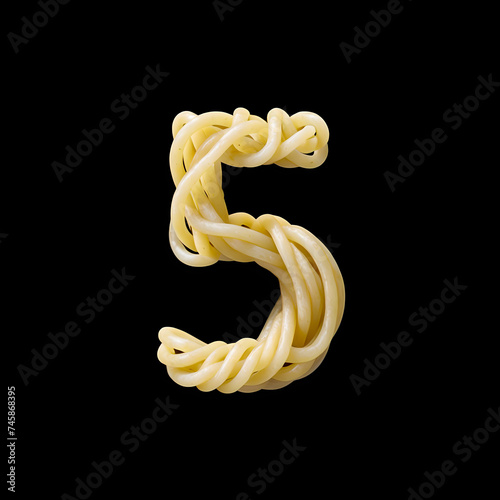 Number 5 made from spaghetti on black background, Generative AI
