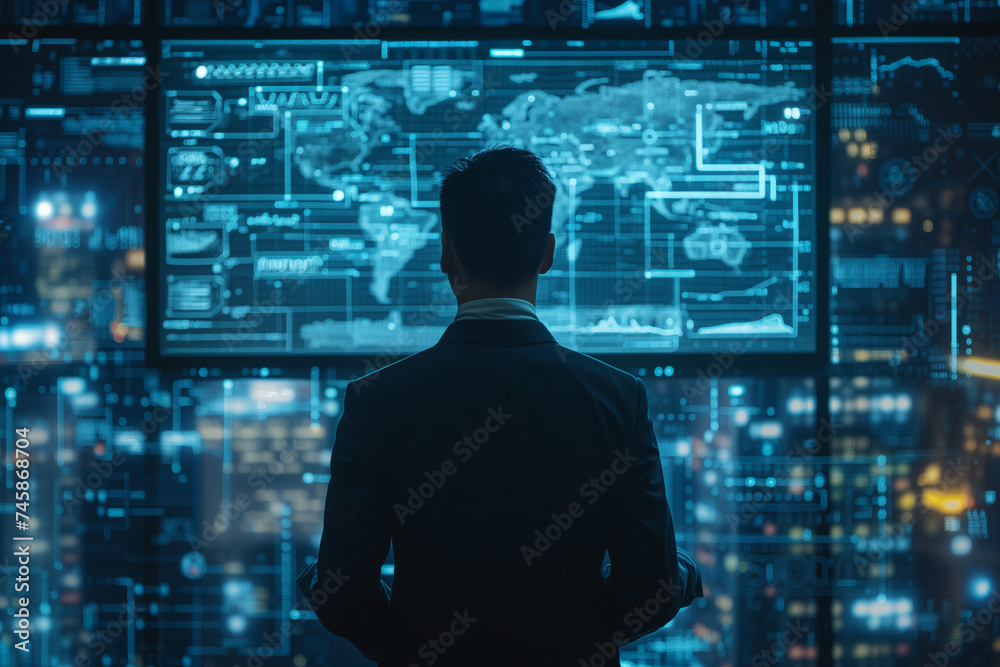 Silhouetted executive standing before a futuristic interactive display with global data and analytics. Silhouetted executive standing before a futuristic interactive display with global data and analytics.