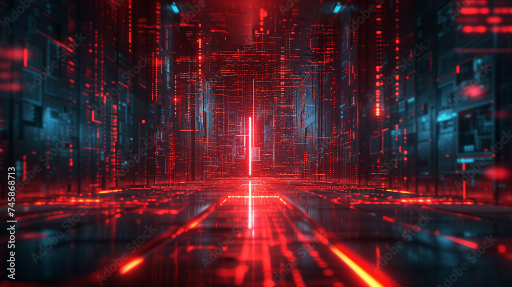 Vivid red and black cyber data tunnel, symbolizing high-speed data transfer and digital information flow.