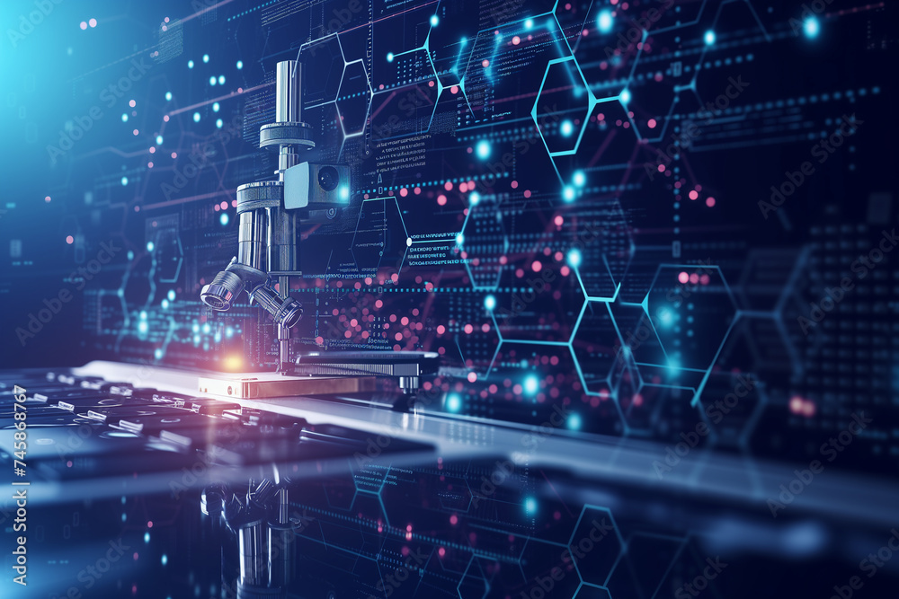 A state of the art microscope in a high-tech laboratory environment with digital data graphics and molecular structures in the background. A state of the art microscope in a high-tech laboratory environment with digital data graphics and molecular structures in the background.