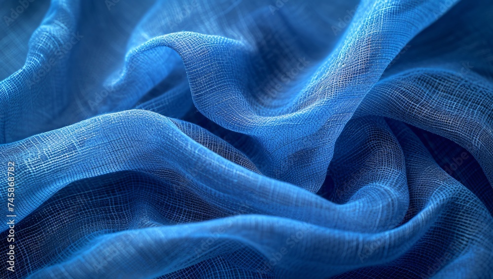 A detailed closeup image highlights the weaves and patterns in a vibrant blue fabric, showcasing its texture and color A detailed closeup image highlights the weaves and patterns in a vibrant blue fabric, showcasing its texture and color