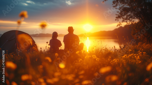 A family is seen relaxing near a tent at a campsite  enjoying a tranquil sunset over a serene lake.