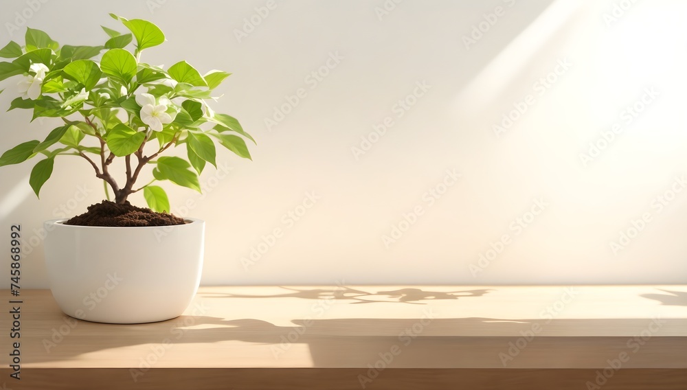 Empty Wooden Surface in Sunlight with a Green Potted Plant on a White Wall - a Perfect Background for Advertising Cosmetics.