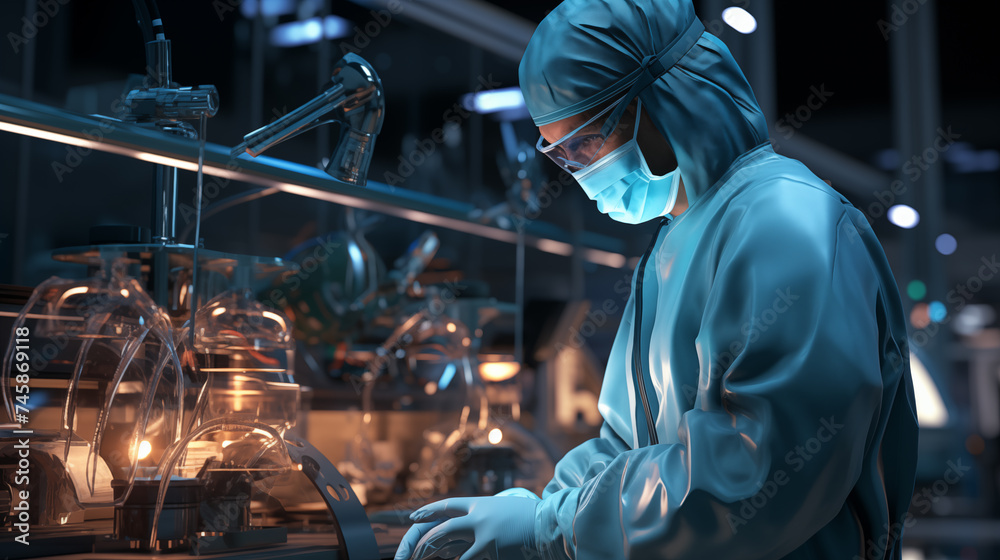 Sci-fi themed image person in lab coat examining futuristic technology in high-tech laboratory