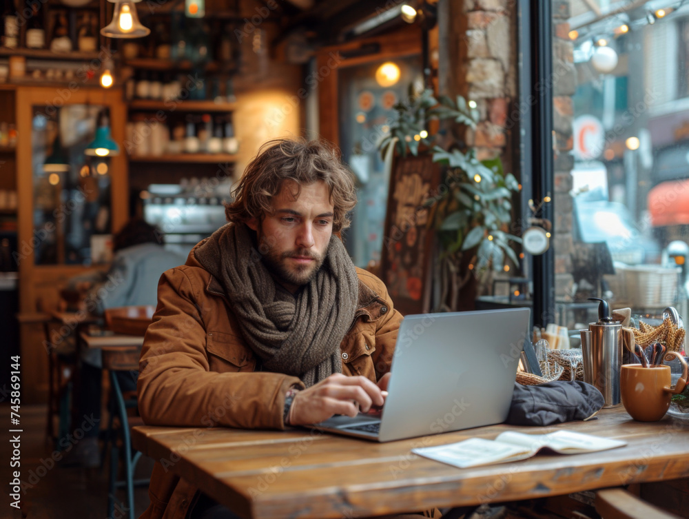 man working on laptop in cafe man working on laptop in cafe