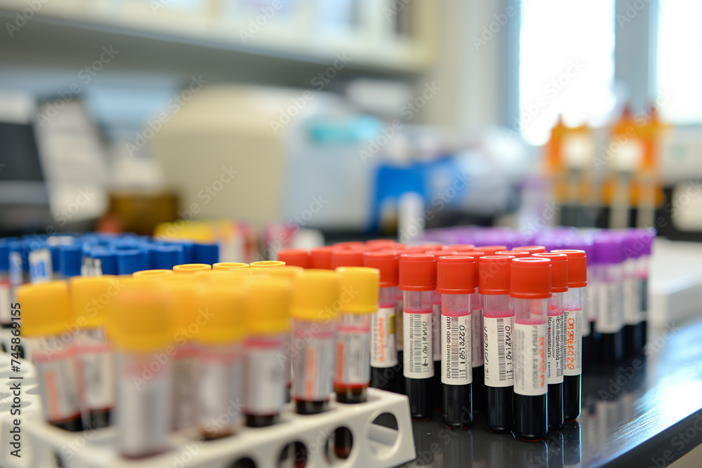 Sample tubes or sample containers with blood samples in the laboratory for human genetic analysis