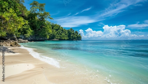 Tropical paradise beach photo, white sand, turquoise water. Summer vacation paradise background, travel destination. © UMPH.CREATIVE