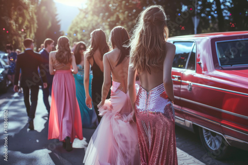 Elegant Teens in Formal Attire Walking Towards Prom Venue © Lucy Welch