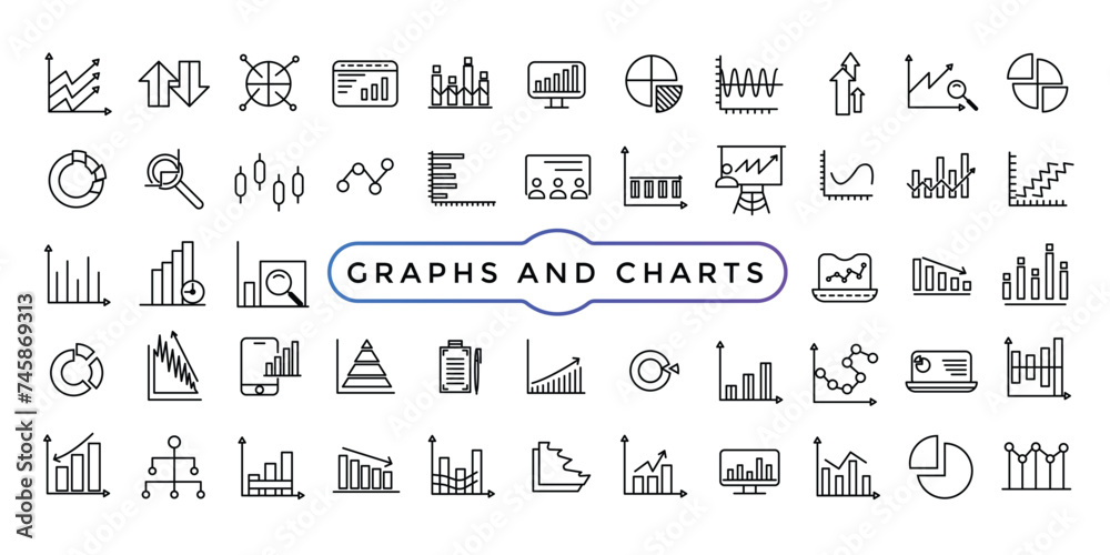 Charts and graphs related vector icons for your design. Graphics and statistics icons set.