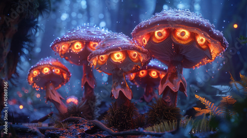 Cluster of colorful, vivid glowing mushrooms in forest