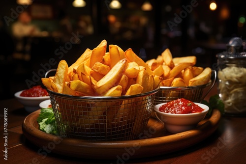 Chips in front of a small basket in a fast-food hamburger meal of brown potatoes  generative IA