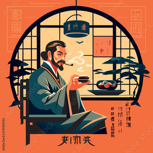 su dongpo chinese poet dining, vector illustration flat 2 photo