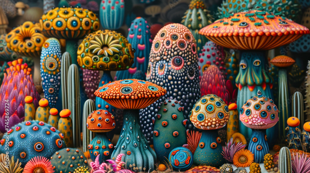 Psychedelic landscape of whimsical mushroom varieties