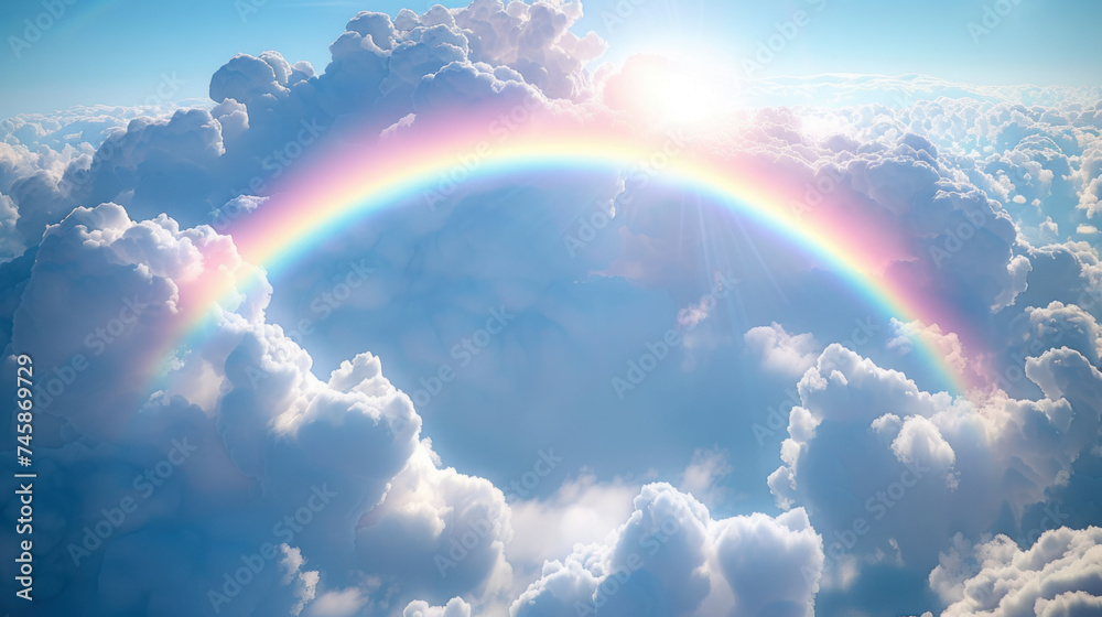 Spectacular Rainbow and Sun Flare Above Clouds