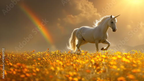 Magic unicorn in blossoming meadow  fairytale atmosphere