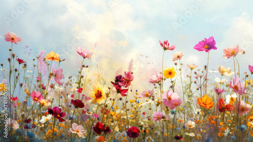 Field of wild flowers, mystical foggy morning © Kondor83