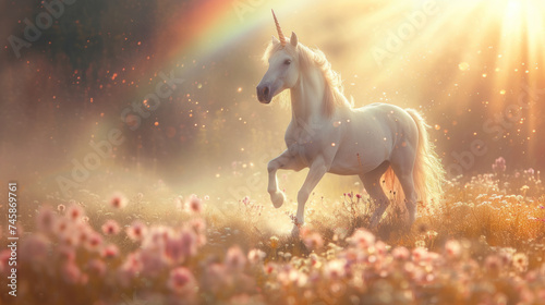 Magic unicorn in blossoming meadow  fairytale atmosphere