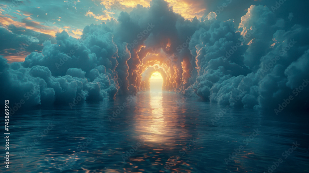 Mysterious arch of clouds over water, portal to heaven or afterlife - obrazy, fototapety, plakaty 