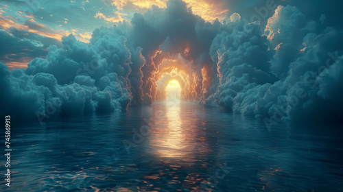 Mysterious arch of clouds over water, portal to heaven or afterlife