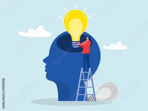 man putting light bulb ideas on the head to upgrade working skill, abstract human head filled with light bulbs as ideas, creativity