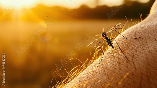 Close-up photo of a mosquito on a human skin. A mosquito, the bane of summer nights, perched on a human arm.