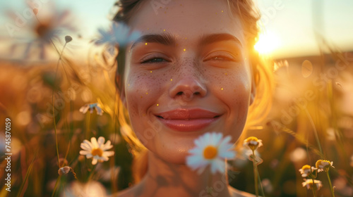 Beautiful woman with closed eyes enjoys warm light in the summer field