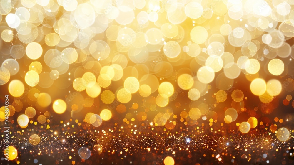 Abstract golden bokeh lights on a sparkling orange background, festive and bright. Abstract golden bokeh lights on a sparkling orange background, festive and bright.