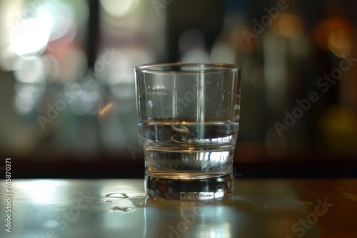 Crystal clear glass of water rests on a bar counter in a softly lit establishment during a tranquil evening gathering with blurred ambient background photo