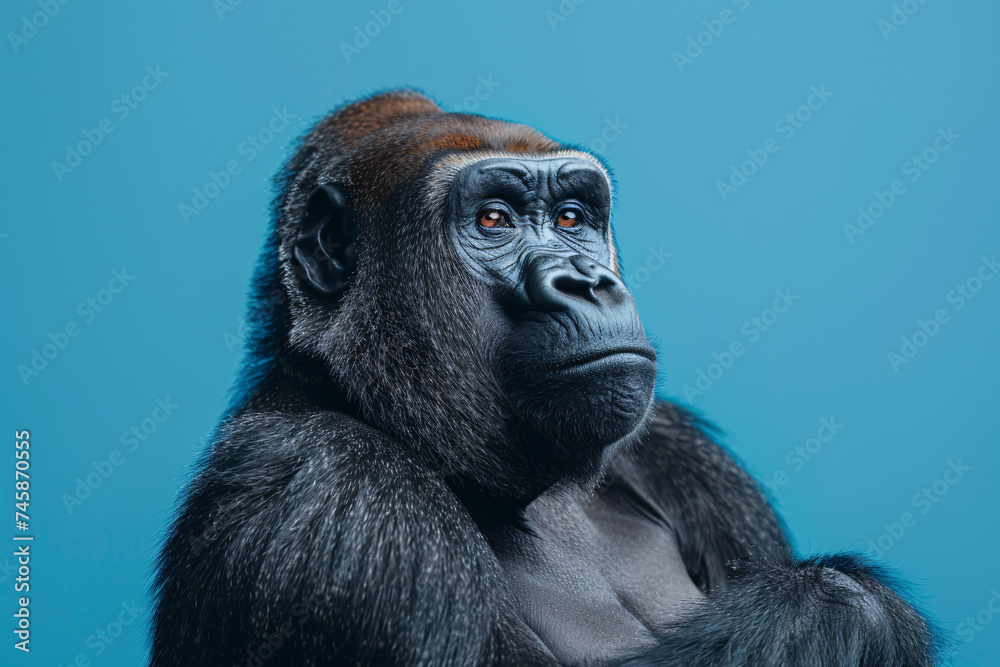Gorilla with contemplative expression against blue backdrop